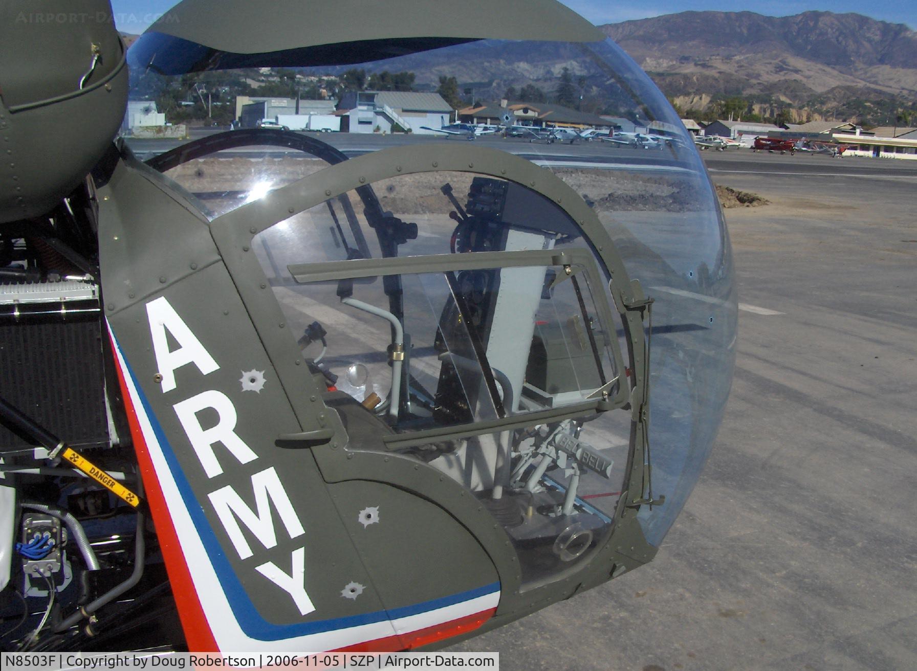 N8503F, 1965 Bell 47G-4 C/N 3350, 1965 Bell 47G-4, Lycoming VO-540 305 Hp, bubble cabin cockpit, note fake 'combat damage' bullet holes