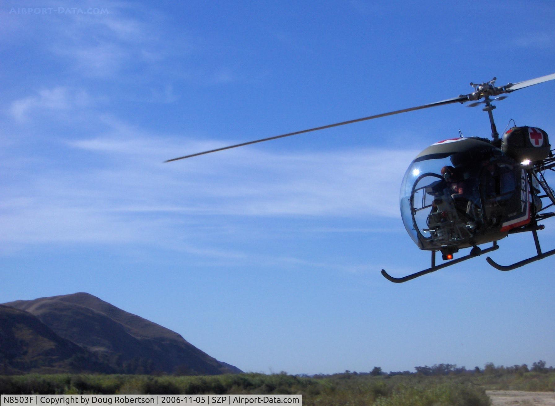 N8503F, 1965 Bell 47G-4 C/N 3350, 1965 Bell 47G-4, Lycoming VO-540 305 Hp, departure from SZP's Helipad