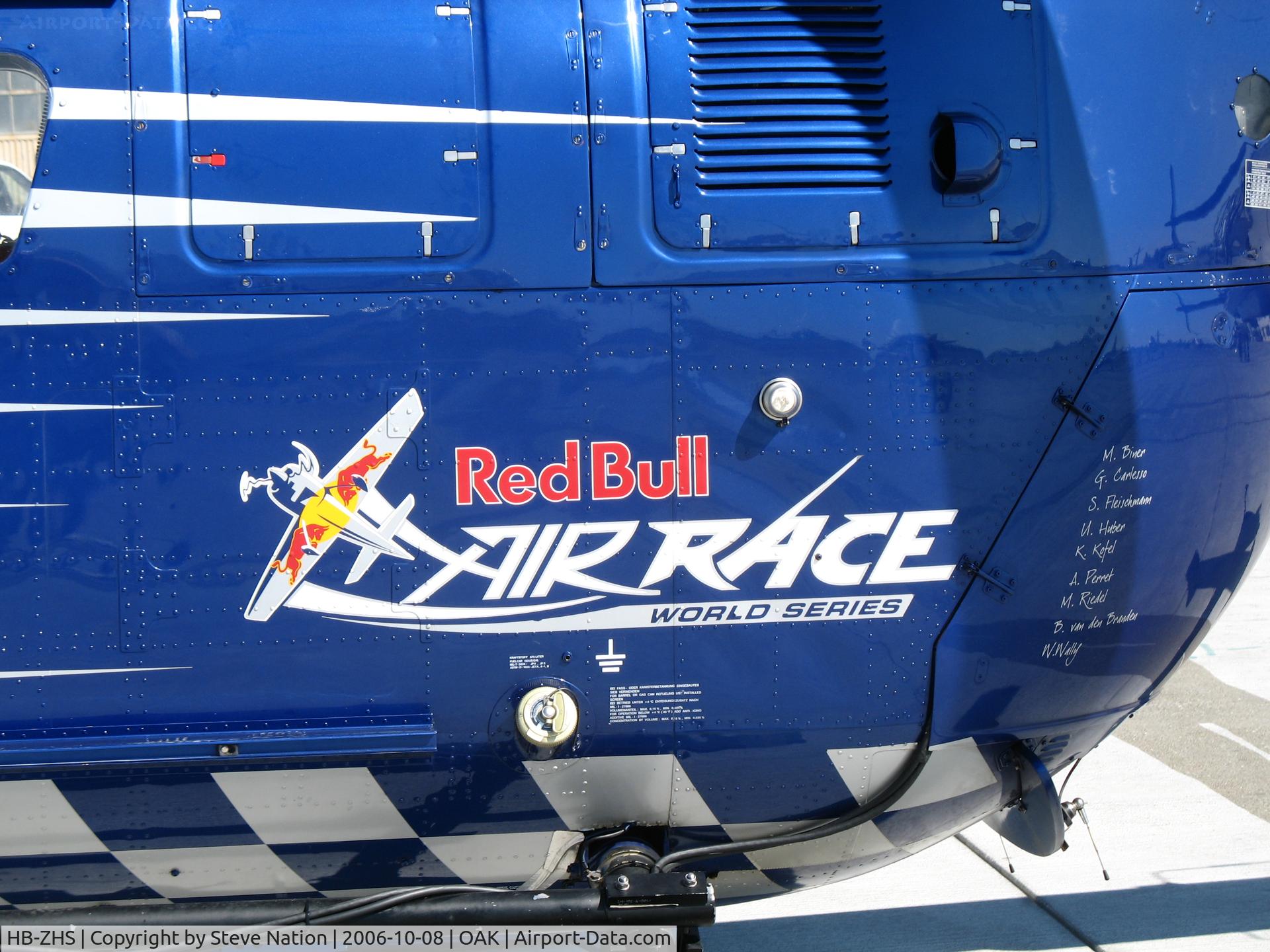 HB-ZHS, 1982 Eurocopter Bo-105CBS-4 C/N S-606, Nose close-up on Swiss-registered Red Bull MBB BO-105S CBS-4 photo ship for Fleet Week air race @ Oakland International Airport, CA