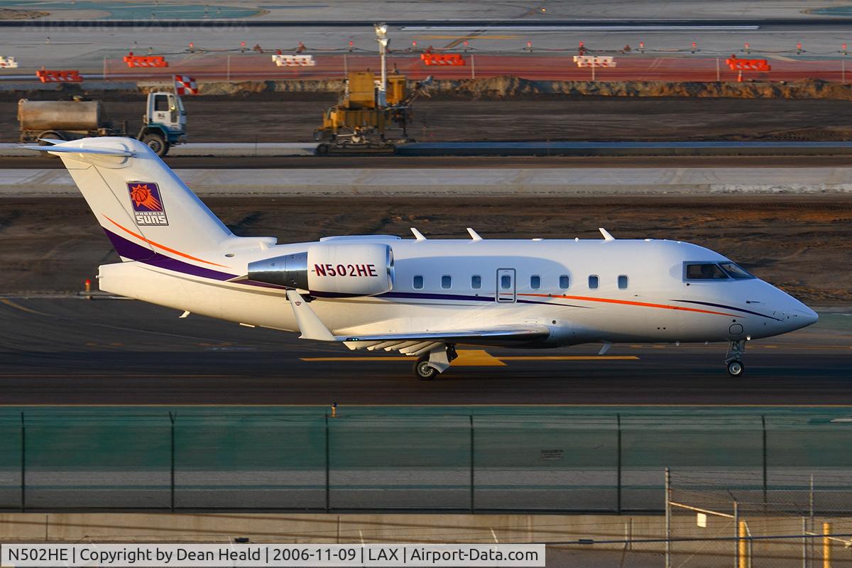 N502HE, 1992 Canadair Challenger 601-3A (CL-600-2B16) C/N 5111, Phoenix Suns basketball team executive jet N502HE taxiing to Mercury parking after arrival from Phoenix Sky Harbor Int'l (KPHX). The plane would depart for Palomar Airport a short time later.