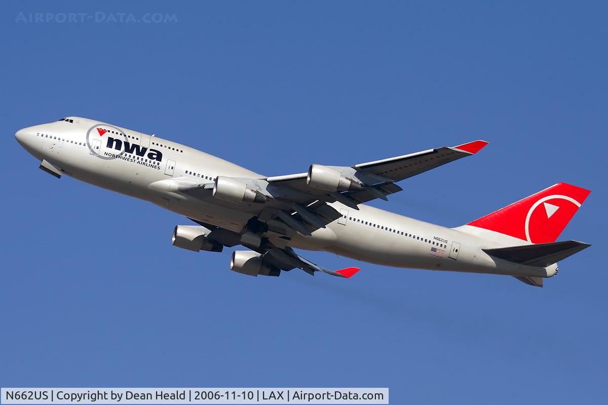 N662US, 1988 Boeing 747-451 C/N 23720, Northwest Airlines N662US (FLT NWA1) climbing out from RWY 24L enroute to Narita Int'l (RJAA).