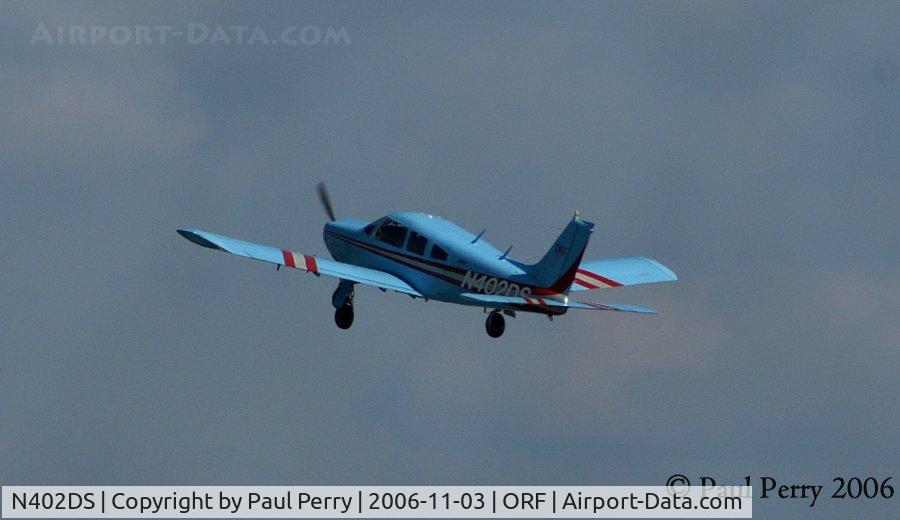 N402DS, 1975 Piper PA-28R-200 Cherokee Arrow C/N 28R-7635004, Outbound over RWY 5, perhaps headed home to Deleware