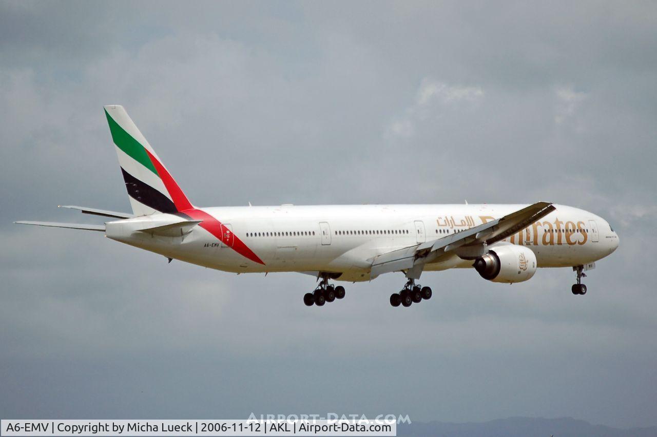 A6-EMV, 2003 Boeing 777-31H C/N 28687, Moments before touch-down