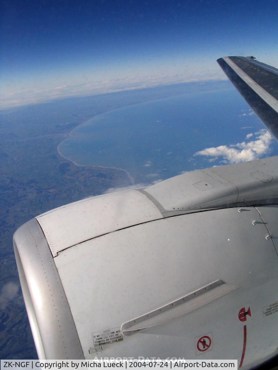 ZK-NGF, 1998 Boeing 737-3U3 C/N 28734, Reaching the North Island on the flight from Dunedin to Auckland