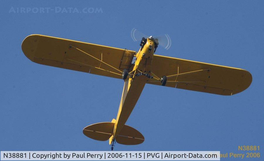N38881, 1941 Piper J-3 Cub C/N 7369, Climbing out from Runway 10 on a clear November Day