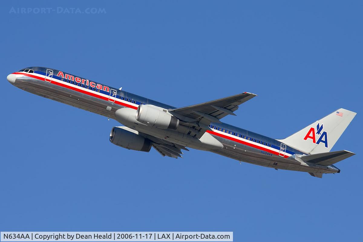 N634AA, 1990 Boeing 757-223 C/N 24592, American Airlines N634AA (FLT AAL2446) climbing out from RWY 25R enroute to Dallas Fort Worth Int'l (KDFW).