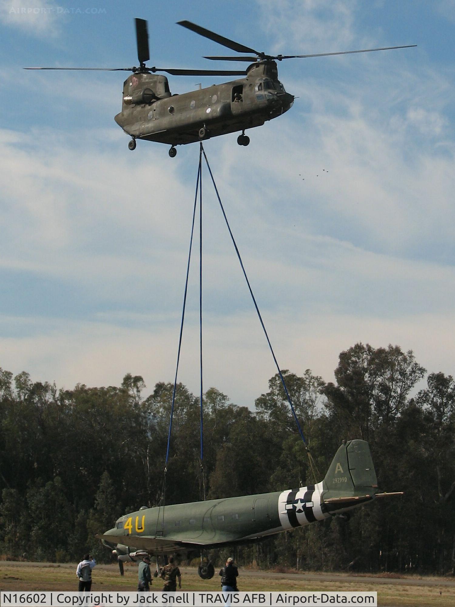 N16602, 1943 Douglas C-47A-20-DK Skytrain C/N 12852, The C-47 being test lifted by a Califronia National Guard Boeing CH-47 Chinook helicopter