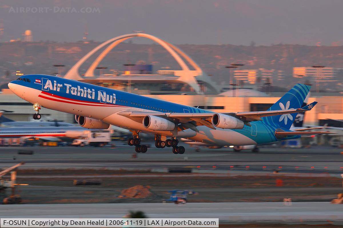F-OSUN, 2001 Airbus A340-313 C/N 446, Air Tahiti Nui F-OSUN (FLT THT21) departing RWY 25R enroute to Tahiti Faaa (NTAA).