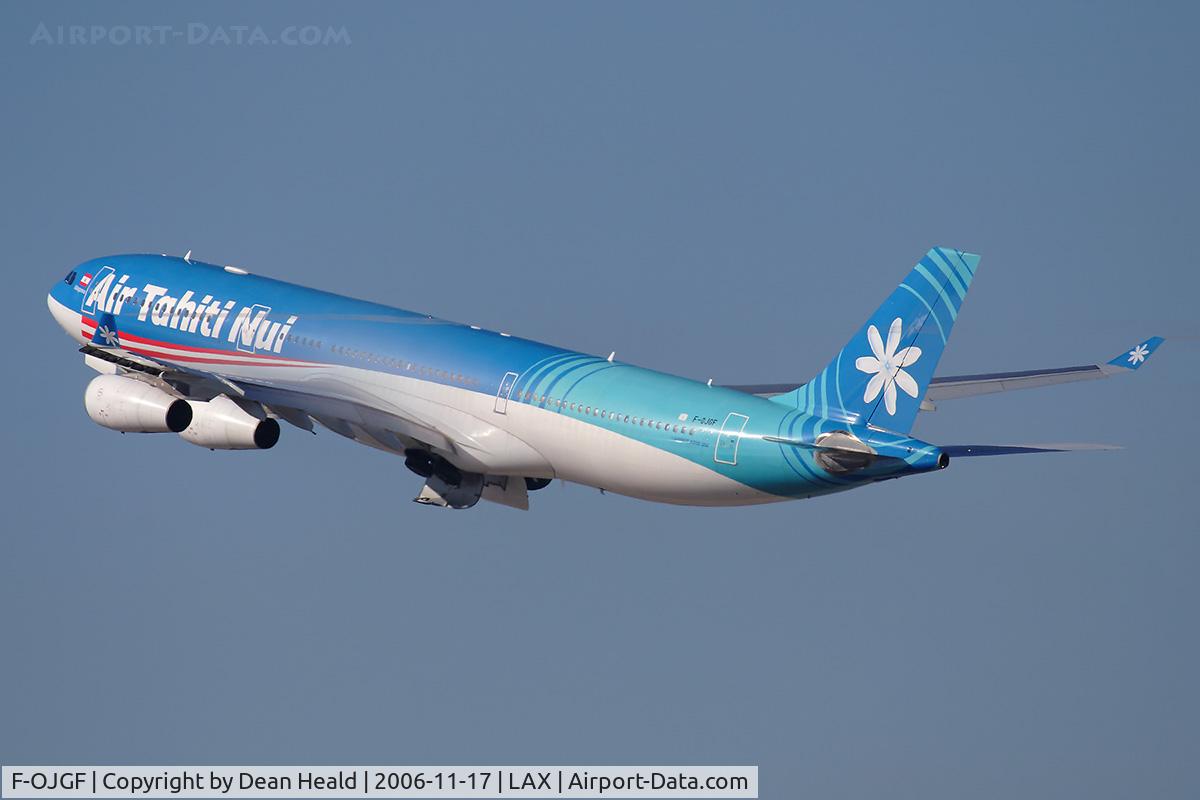 F-OJGF, 2001 Airbus A340-313 C/N 385, Air Tahiti Nui F-OGJF (FLT THT1) climbing out from RWY 25R enroute to Tahiti Faaa (NTAA).