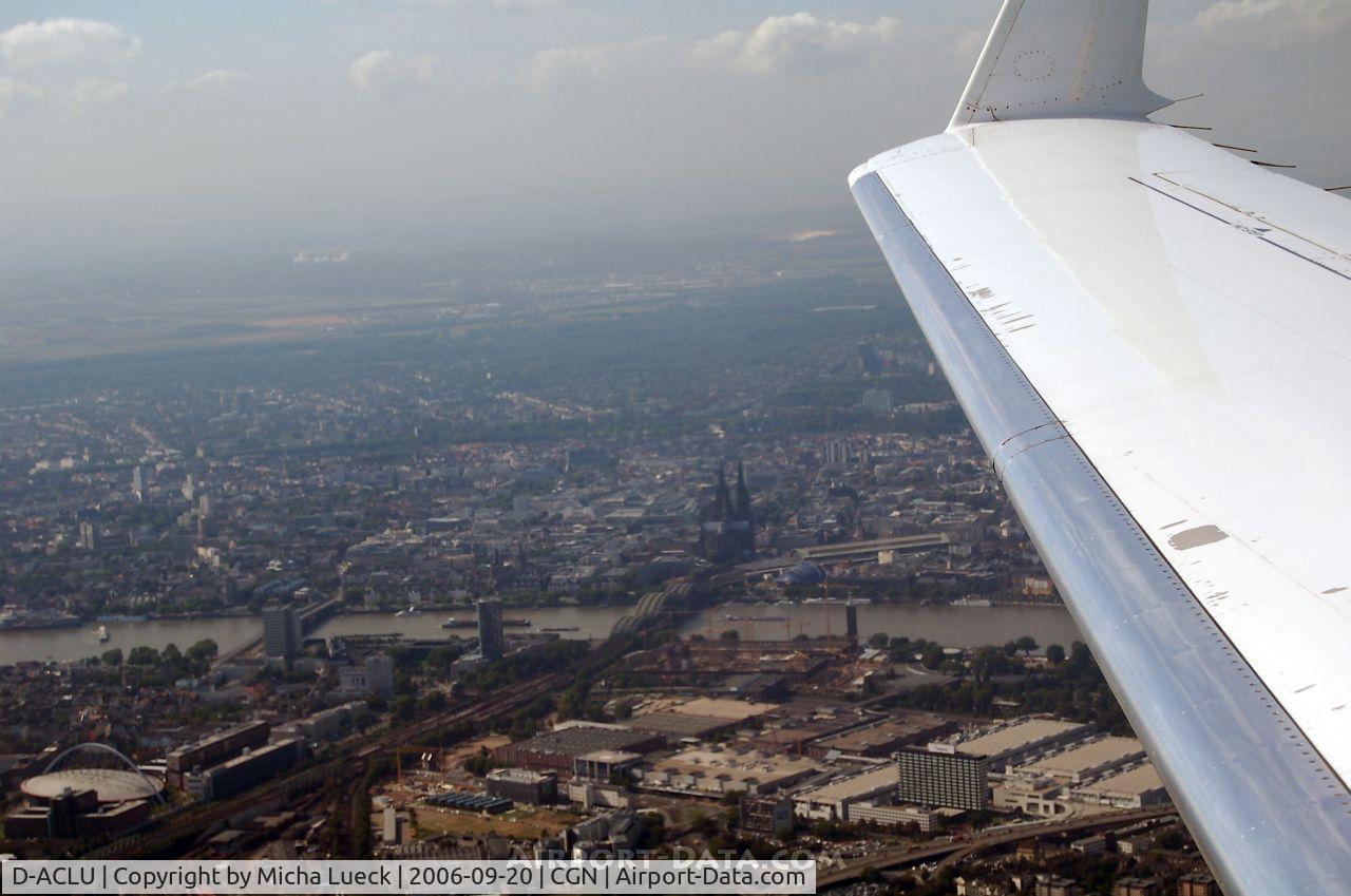 D-ACLU, 1996 Canadair CRJ-200LR (CL-600-2B19) C/N 7104, beautiful view over Cologne, with Cathedral (Dom) and Hohenzollern railway bridge