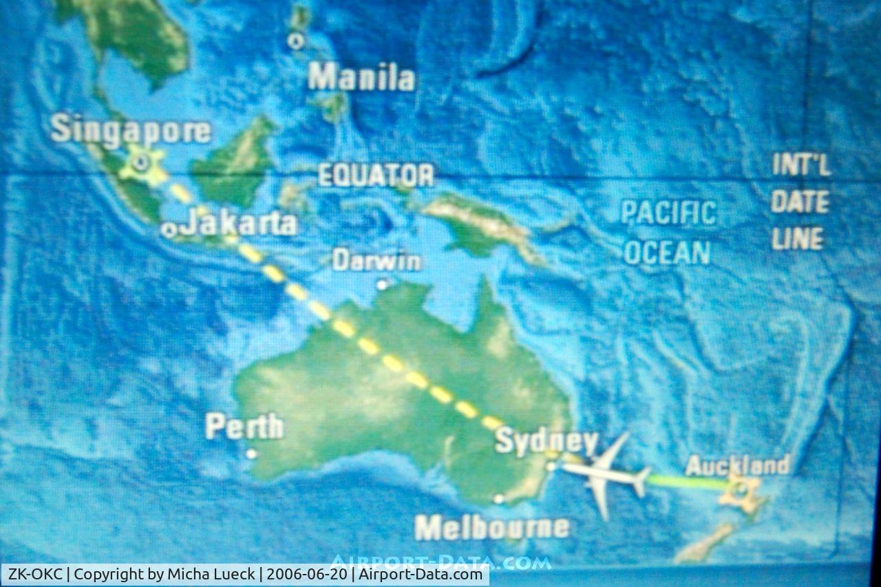 ZK-OKC, 2006 Boeing 777-219/ER C/N 34377, enroute from Auckland to Singapore on Air NZ's beautiful new B777-200