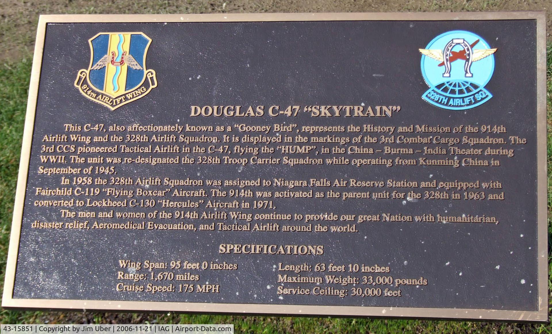 43-15851, 1943 Douglas C-47A Skytrain C/N 20317, Commemorative plaque for 