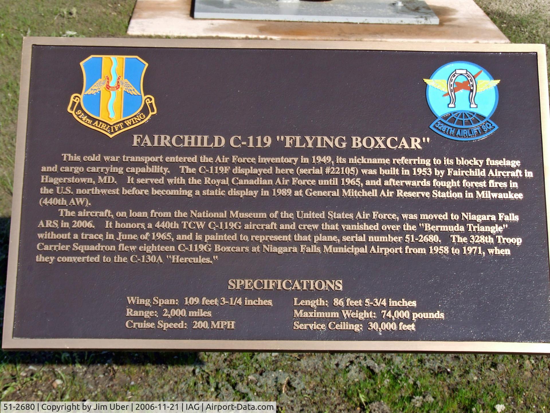 51-2680, 1953 Fairchild C-119G Flying Boxcar C/N 10669, Data on the C-119