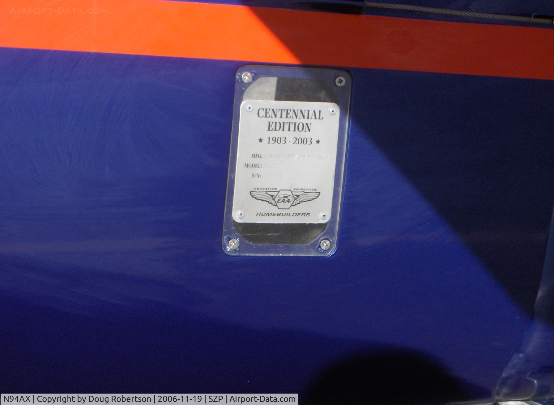 N94AX, 2003 Giles G-202 C/N G202-016, 2003 Giles G-202, Lycoming AEIO-360 180 Hp, builder's EAA Centennial Edition data plate