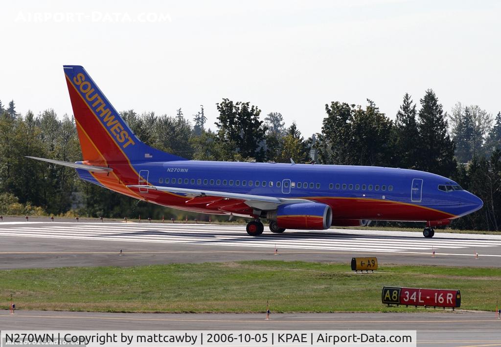 N270WN, 1998 Boeing 737-705 C/N 29089, Just out of the Goodrich hangar with new paint, departing for Dallas.