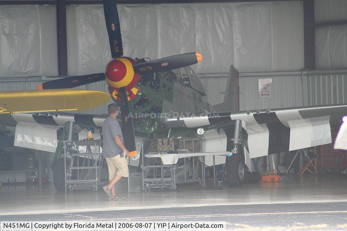 N451MG, 1944 North American P-51D Mustang C/N 44-74774, Jack Roush's Old Crow P-51 in hangar getting worked on