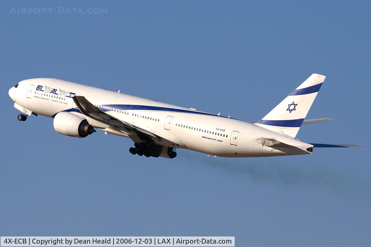 4X-ECB, 2001 Boeing 777-258/ER C/N 30832, EL AL Israel Airlines 4X-ECB (FLT ELY6) climbing out from RWY 25R, trailing brake dust, enroute to Tel Aviv.
