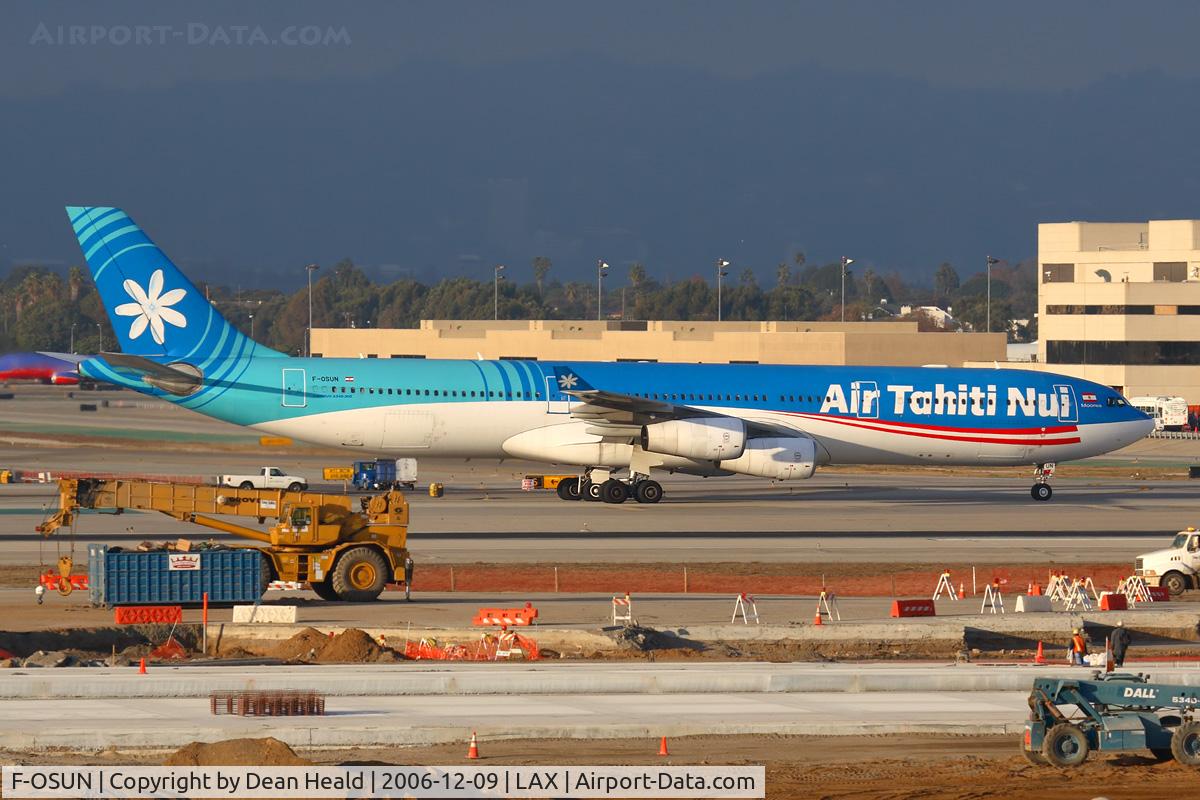 F-OSUN, 2001 Airbus A340-313 C/N 446, Air Tahiti Nui F-OSUN (FLT THT21) taxiing to the TBIT after arrival from Paris Charles De Gaulle (LFPG).