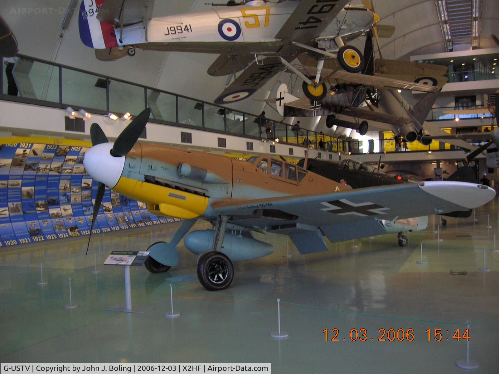 G-USTV, 1942 Messerschmitt Bf-109G-2/Trop C/N 10639, Messerschmitt Bf 109 on display at RAF Museum, London, England