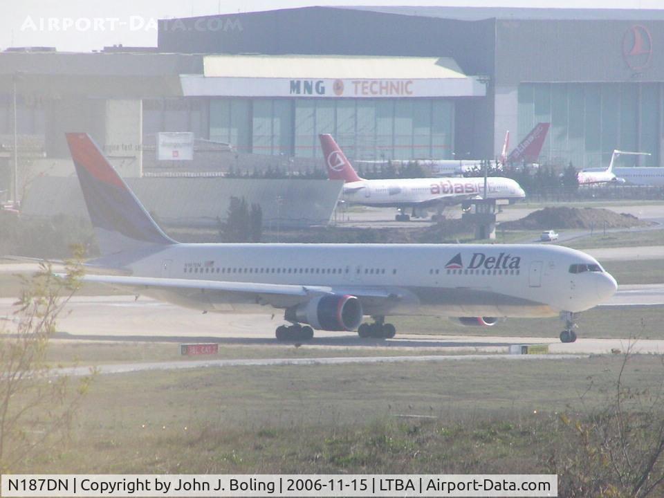 N187DN, 1996 Boeing 767-332/ER C/N 27582, Delta flight to JFK holding short of runway 18R at Ataturk Airport, Istanbul, Turkey.