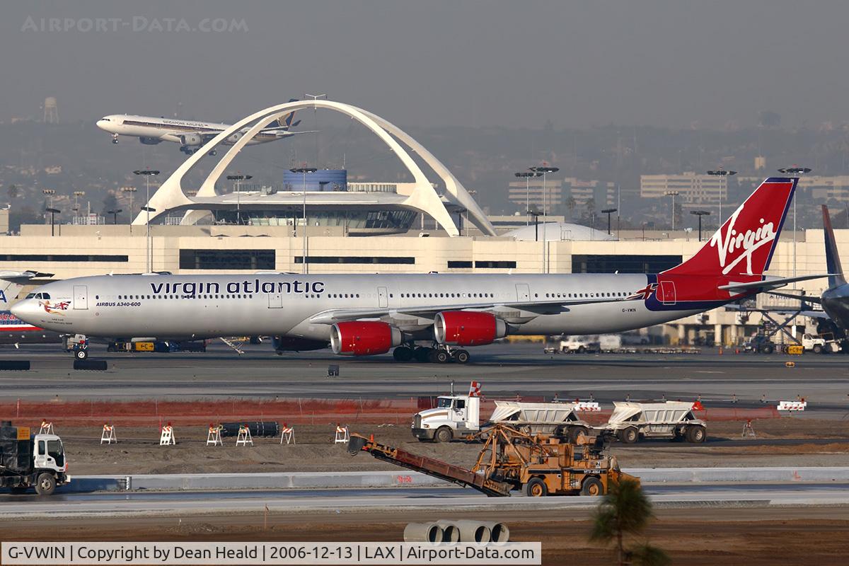 G-VWIN, 2006 Airbus A340-642 C/N 736, Virgin Atlantic G-VWIN (FLT VIR7) from Heathrow (EGLL) taxiing to Terminal 2 after arrival on RWY 25R.