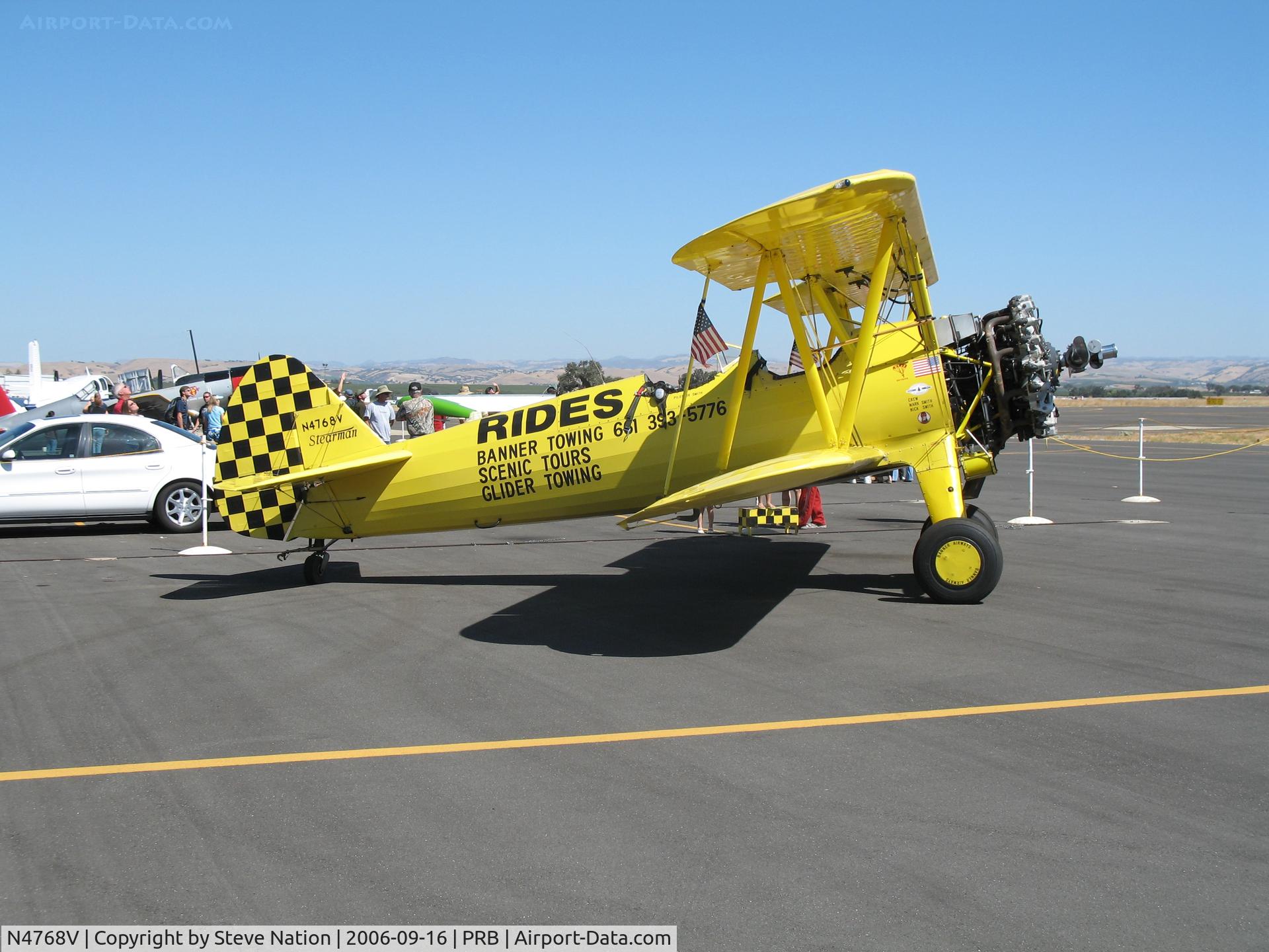 N4768V, Boeing E75 C/N 75-5737, Leaving the cool Oceano coast for 100 plus degree temps this Boeing E75 Stearman is giving rides during airshow @ Paso Robles, CA