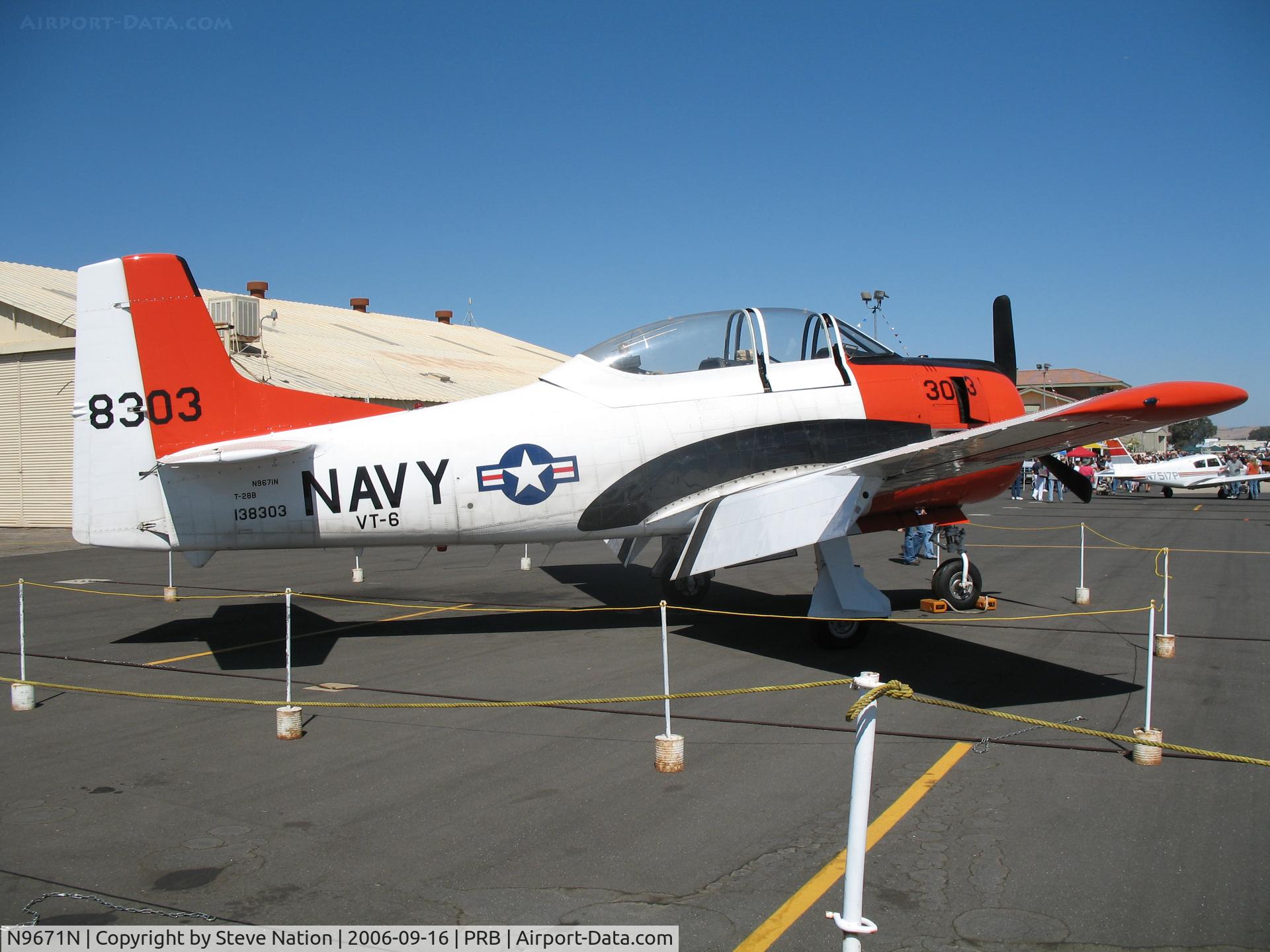 N9671N, 1986 North American T-28B Trojan C/N 200-374 (138303), Locally-based Estrella Flying Club's North American T-28B BuAer 138303 in VT-6 markings for airshow @ Paso Robles, CA