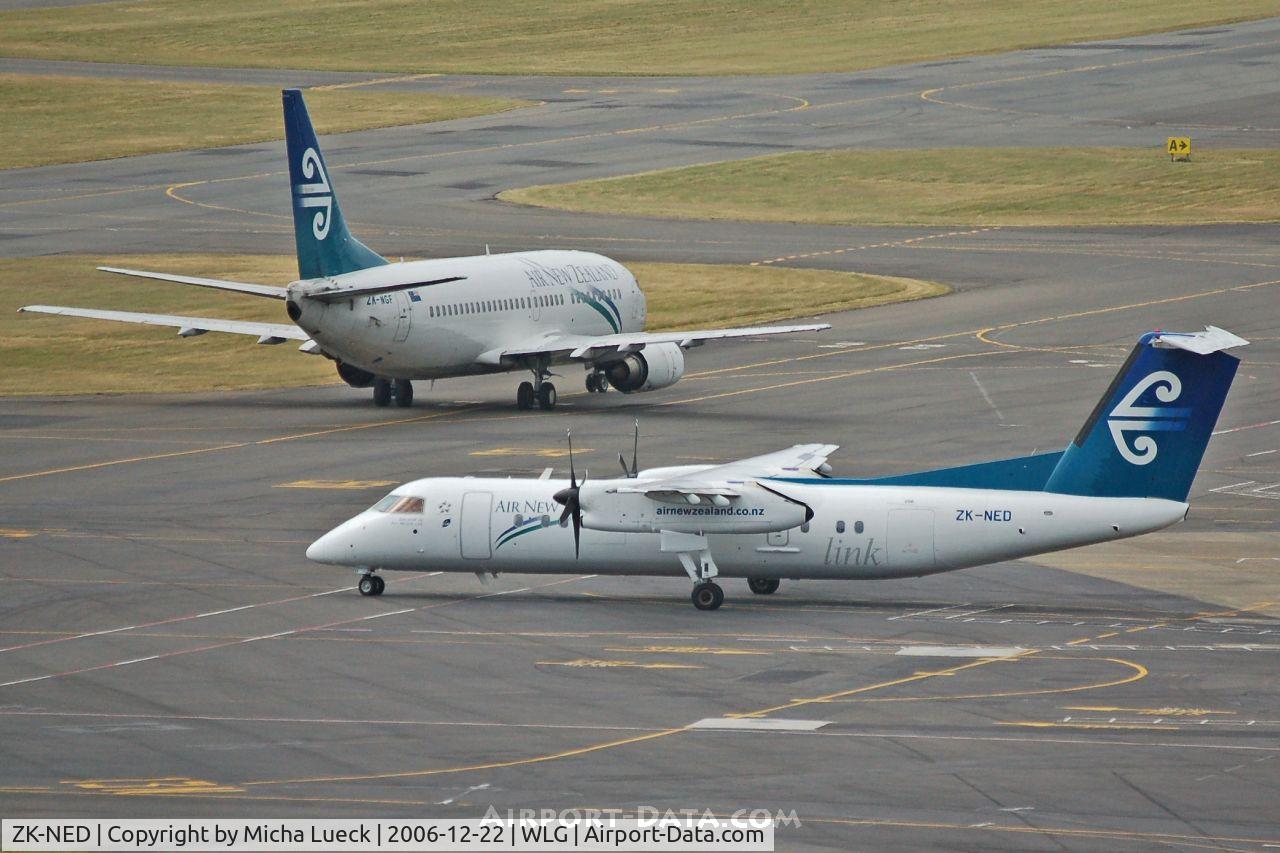 ZK-NED, 2005 De Havilland Canada DHC-8-311 Dash 8 C/N 617, Dash 8Q300 (ZK-NED) follows B 737-300 (ZK-NGF) to the runway