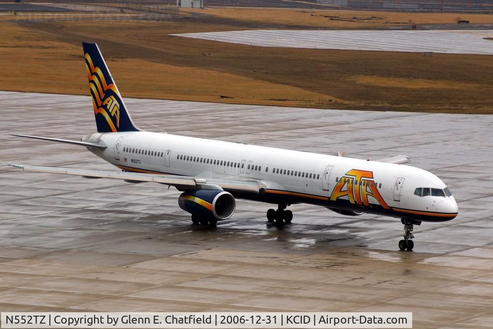 N552TZ, 2001 Boeing 757-33N C/N 32586, Taxiing out for departure, seen from the tower on an overcast day