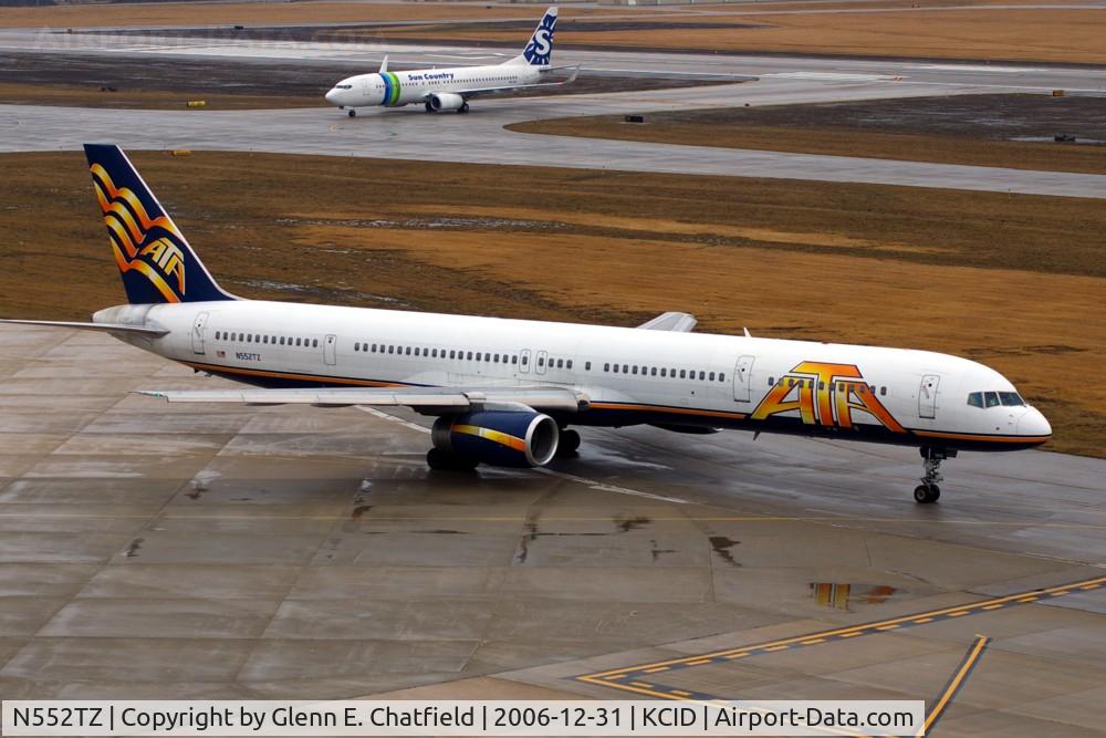 N552TZ, 2001 Boeing 757-33N C/N 32586, Taxiing out for departure, seen from the tower on an overcast day