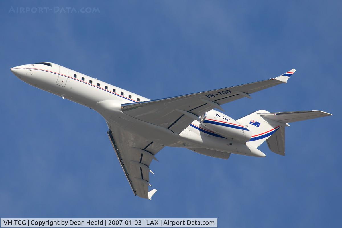 VH-TGG, 2004 Bombardier BD-700-1A10 Global Express C/N 9143, Mid-afternoon departure from RWY 25R for this Australian-registered 2004 Bombardier Global Express.