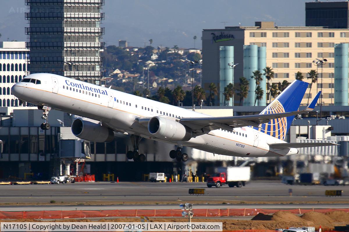 N17105, 1994 Boeing 757-224 C/N 27295, Continental Airlines N17105 (FLT COA1703) departing RWY 25R enroute to Newark/New York Liberty Int'l (KEWR) in mid-morning light.