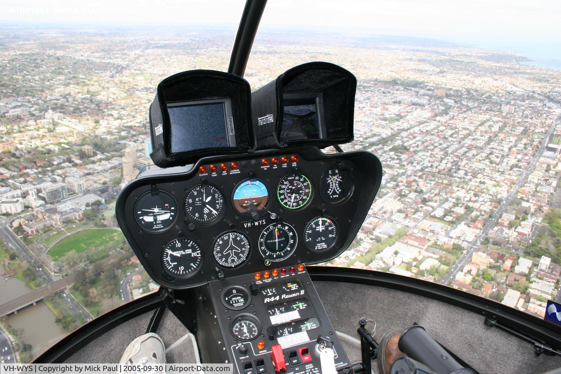 VH-WYS, 2005 Robinson R44 II C/N 10720, VH-WYS shot from cabin (over Melbourne)