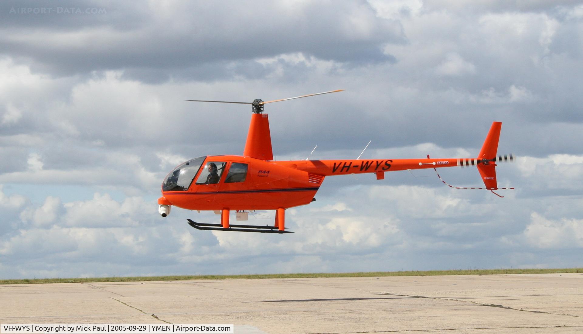 VH-WYS, 2005 Robinson R44 II C/N 10720, R44 in hoover at Essendon