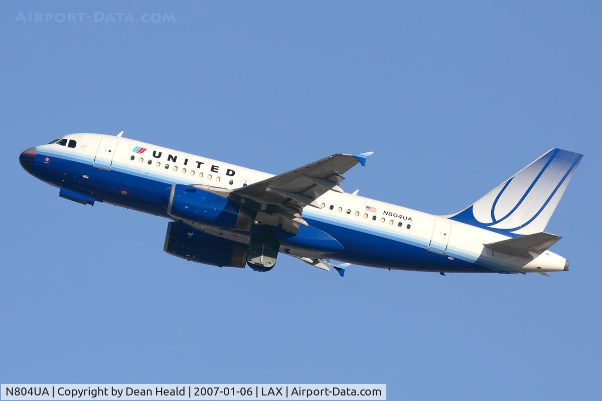 N804UA, 1997 Airbus A319-131 C/N 759, United Airlines N804UA (FLT UAL234), with a mis-matched painted radome, climbing out from RWY 25R enroute to Dallas Fort Worth Int'l (KDFW).