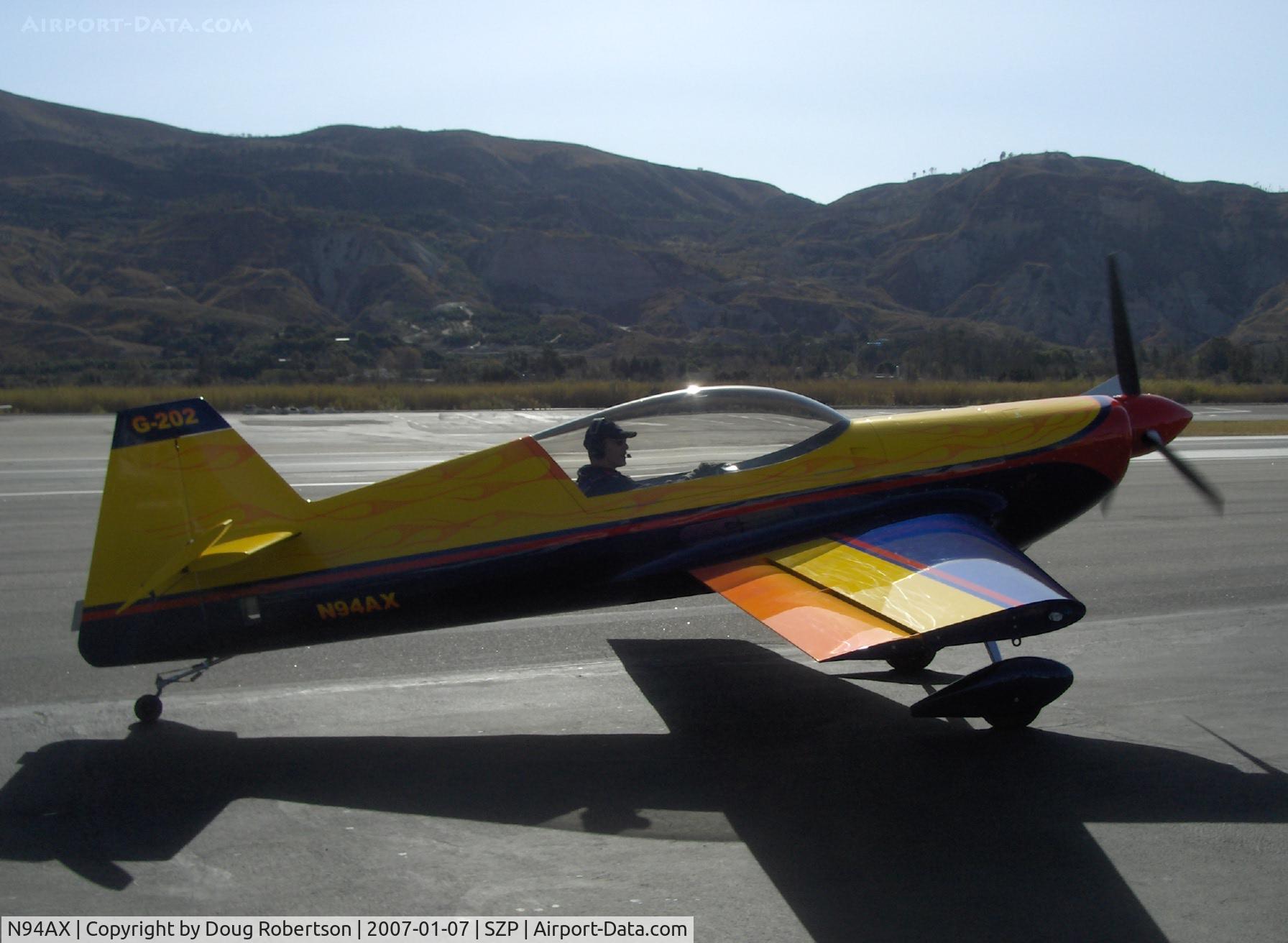 N94AX, 2003 Giles G-202 C/N G202-016, 2003 Howard/Vanhoy GILES G-202, Lycoming AEIO-360 180 Hp, roll rate >400 deg./sec., g rating-+/- 10 gs, taxi after landing Rwy 04