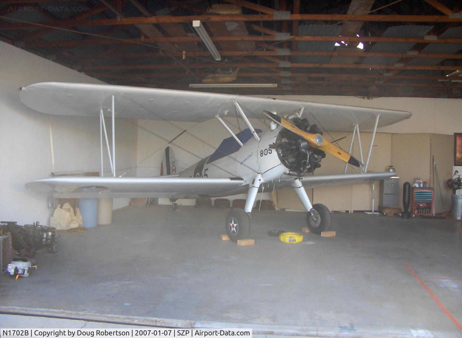 N1702B, 1942 Boeing PT-13D Kaydet (E75) C/N 75-5903, 1942 Boeing PT-13D 'Ruthie's Doll', Continental W670 220 Hp, in hangar