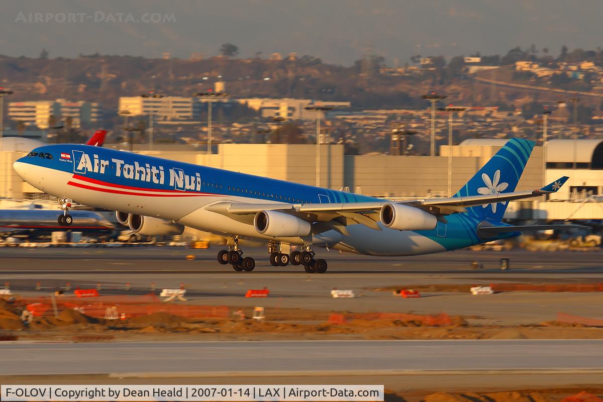 F-OLOV, 2005 Airbus A340-313 C/N 668, Air Tahiti Nui F-OLOV (FLT THT21) departing RWY 25R enroute to Tahiti Faaa (NTAA) in nice evening light.