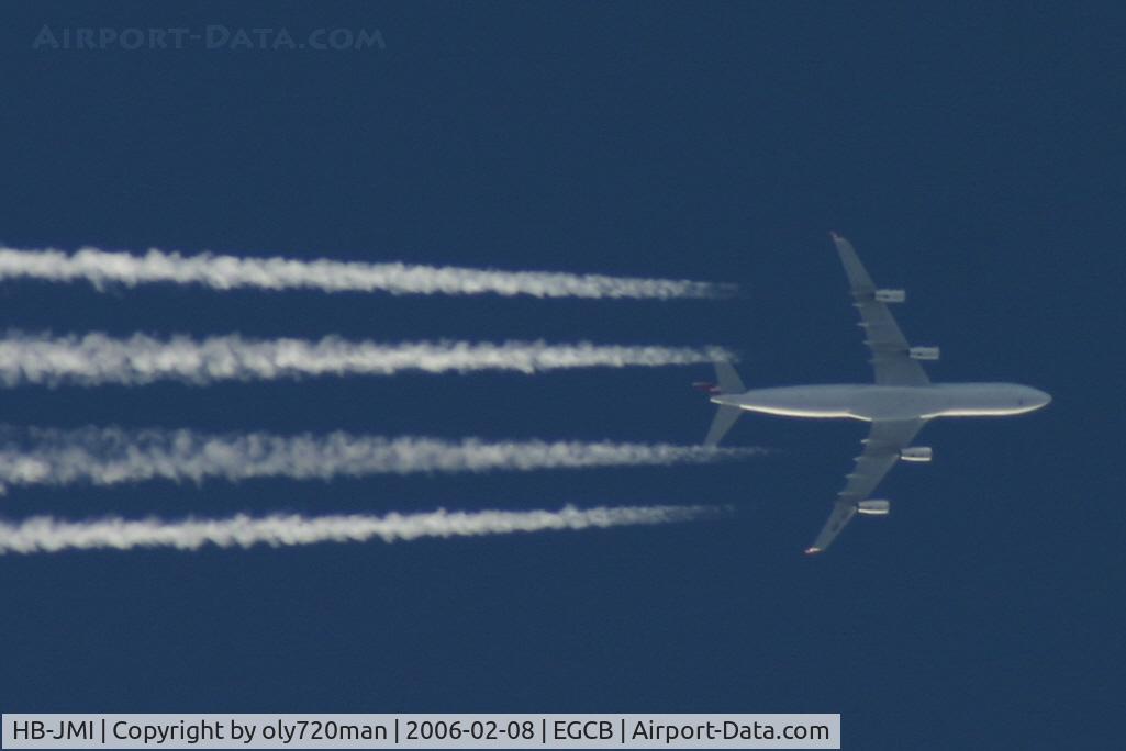 HB-JMI, 2004 Airbus A340-313 C/N 598, Overflying Barton airport