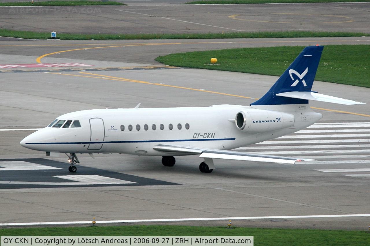 OY-CKN, 1998 Dassault Falcon 2000 C/N 76, Line up at Zurich Airport