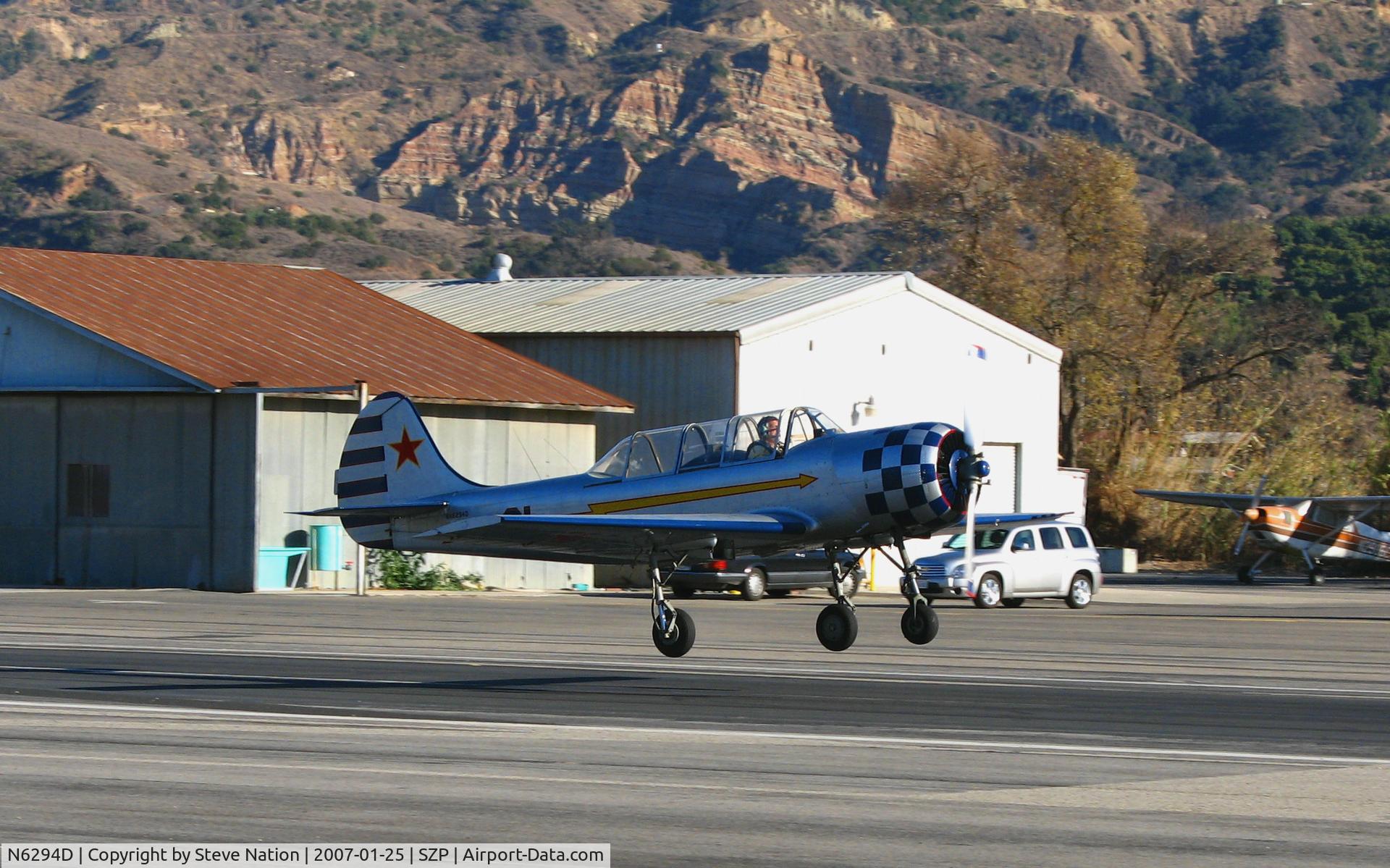 N6294D, 1983 Yakovlev Yak-52 C/N 833611, 1983 Yakovlev YAK-52 #21 as NX6294D touches down @ Santa Paula Airport, CA