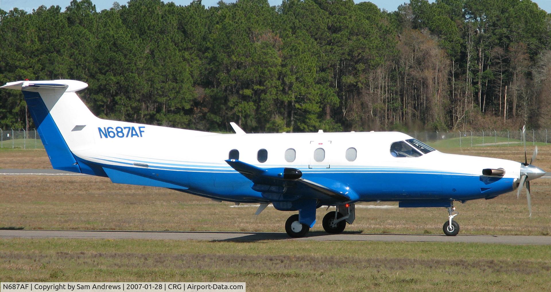 N687AF, 2006 Pilatus PC-12/47 C/N 687, Taxiing after arrival.  This aircraft is used and co-owned by an eclectic group of llc's, corps and businesses.