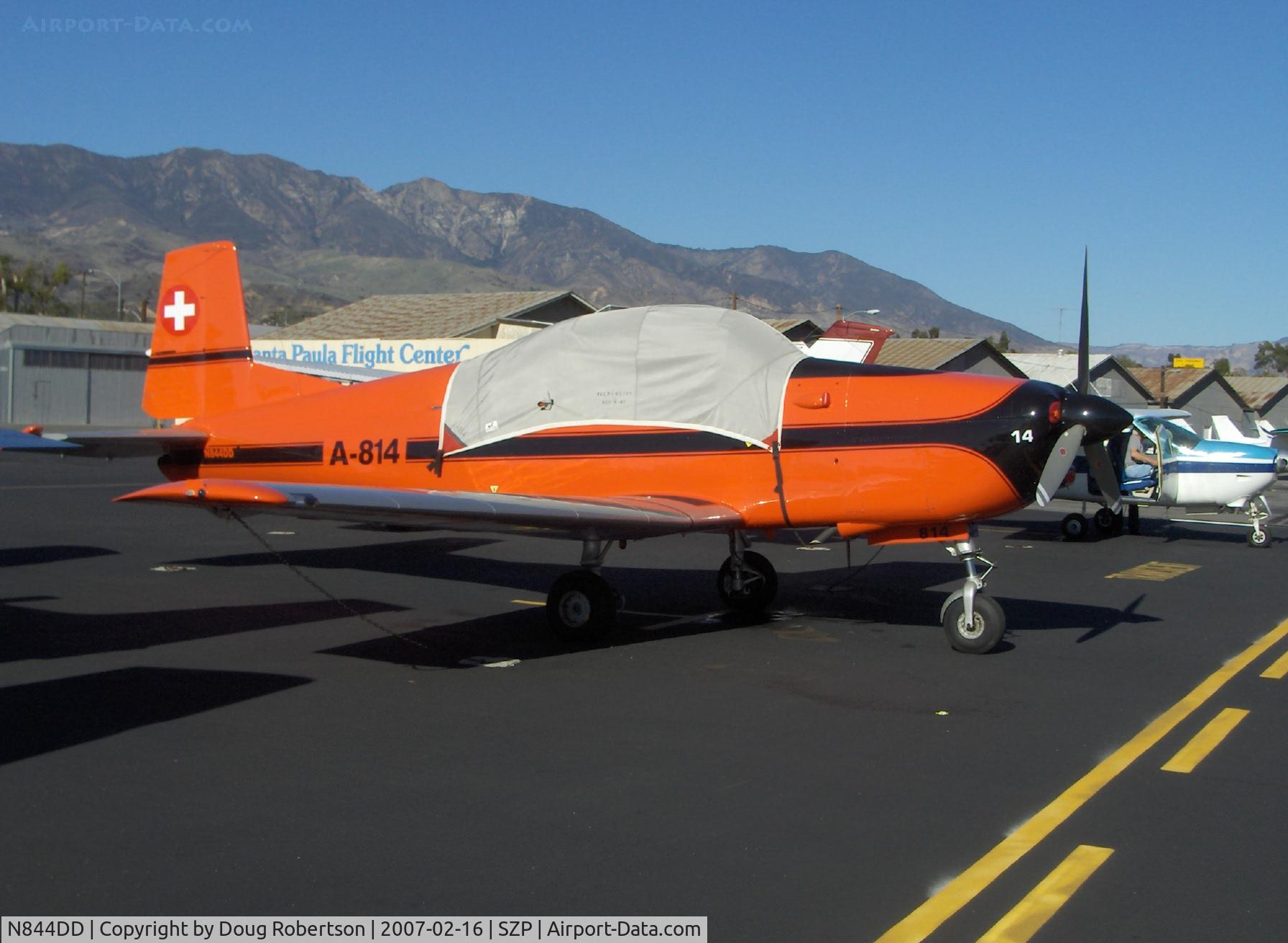 N844DD, 1958 Pilatus P-3 MK II C/N 452-1, Pilatus P.3-05 Swiss Air Force tandem two-seat Intermediate Trainer, Lycoming GO-435-C&D 260 Hp geared engine, tri-blade prop, served 1956-1994, remaining fleet of 65 public auction in 1995 at 50-60,000 Swiss francs for aircraft with 1,700-3,300 hours
