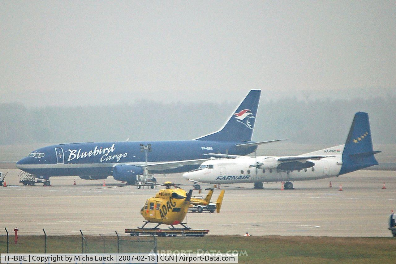 TF-BBE, 1991 Boeing 737-36EF C/N 25256, B 737 of Bluebird Cargo, Fokker 27 of Farnair, and a rescue helicopter of the ADAC