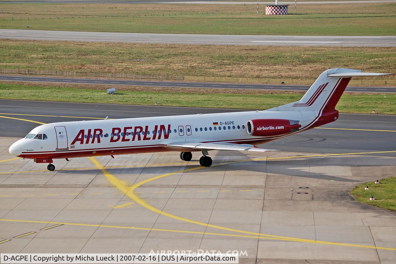D-AGPE, 1990 Fokker 100 (F-28-0100) C/N 11300, Taxiing to the gate
