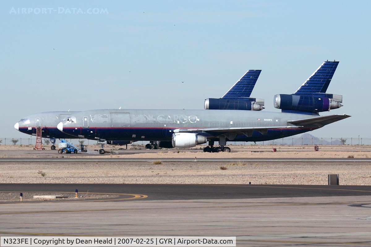N323FE, 1979 McDonnell Douglas DC-10-30F C/N 47811, United Airlines N323FE (once UAL Worldwide Cargo, and most recently leased to FedEx) DC-10-30(F) stored at Goodyear Airport (KGYR).  When the lease expired in 2006, this aircraft was returned to UAL and stored here.