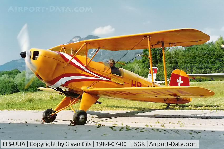 HB-UUA, 1936 Bucker Bu-131APM Jungmann C/N 08, I took this photo during my holyday in July 1984 at Saanen. She just had received here new engine. As you can see, she had different stripping at that time!!
