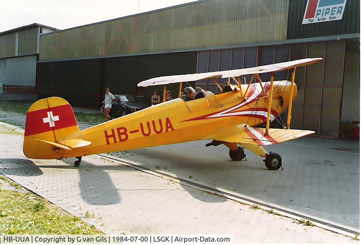 HB-UUA, 1936 Bucker Bu-131APM Jungmann C/N 08, I took this photo during my holyday in July 1984 at Saanen. She just had received here new engine. As you can see, she had different stripping at that time!!