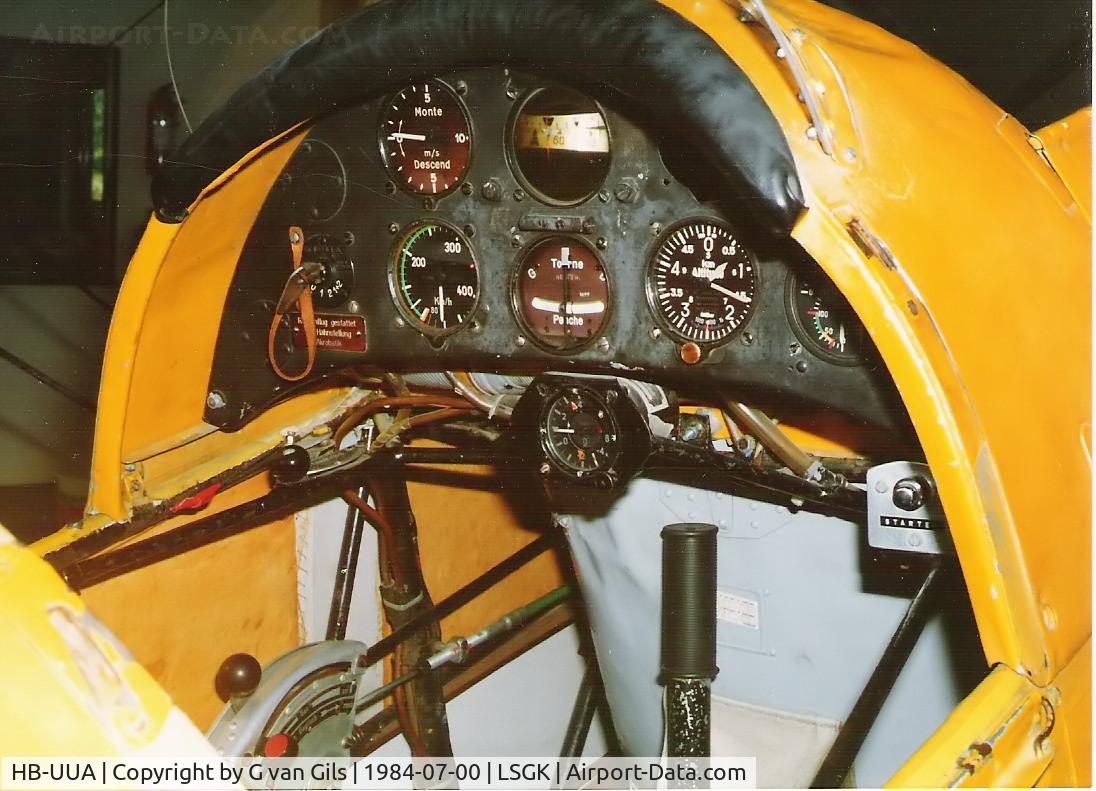 HB-UUA, 1936 Bucker Bu-131APM Jungmann C/N 08, I took this photo during my holyday in July 1984 at Saanen. She just had received here new engine. As you can see, she had different stripping at that time!!
