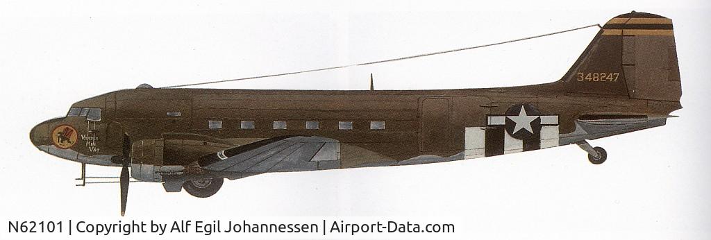 N62101, 1943 Douglas C-47A Skytrain, c/n 14063/25508, color profile drawing of 43-48247. This C-47 belonged to 86th Transport Squadron, 27th Air Transport Group during WWII. Later in Royal Norwegian Air Force from 1950 until 1974 as T-AS: BW-E; BE-N.